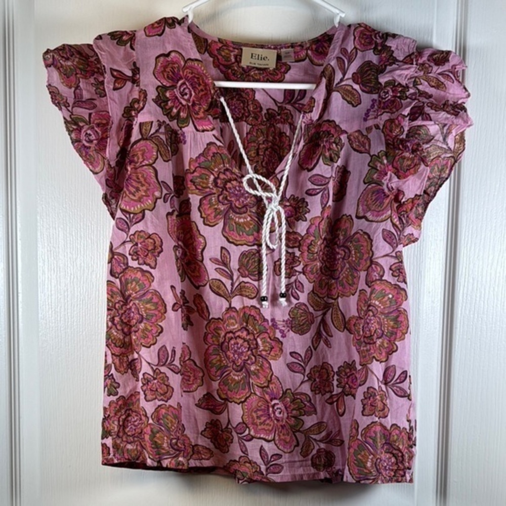 Elie Elie Tahari Pink Red Floral Flutter Sleeve Blouse Size Small EUC #5617
